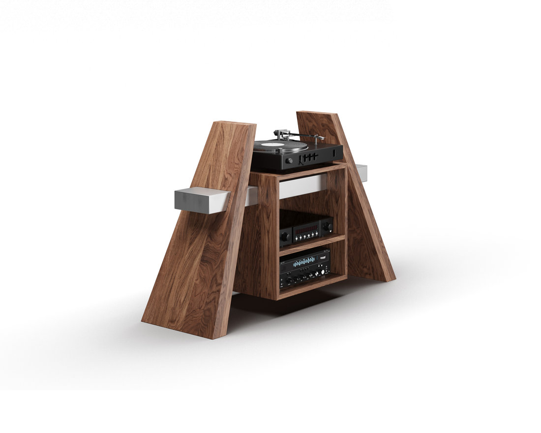 Audio /RACK/ designed for vinyl and LP storage, featuring wooden structure and adjustable shelves.